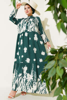 Pazarium - Yaka Bağcıklı Desenli Elbise Haki