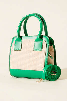 Hasır Detaylı Kare Çanta Yeşil - Thumbnail