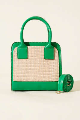 Hasır Detaylı Kare Çanta Yeşil - Thumbnail