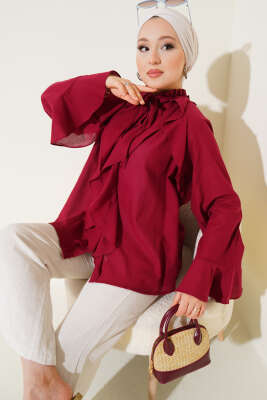 Yaka Fırfırlı Gömlek Bordo - Thumbnail