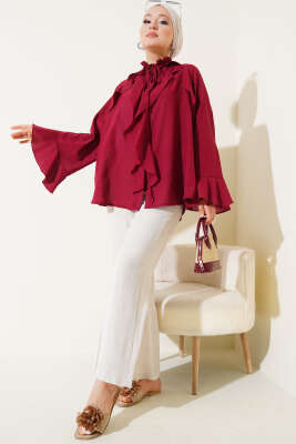 Yaka Fırfırlı Gömlek Bordo - Thumbnail