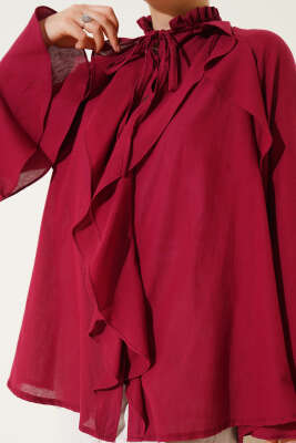 Yaka Fırfırlı Gömlek Bordo - Thumbnail