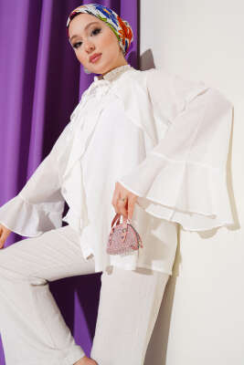 Yaka Fırfırlı Gömlek Ekru - Thumbnail