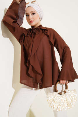 Yaka Fırfırlı Gömlek Kahve - Thumbnail