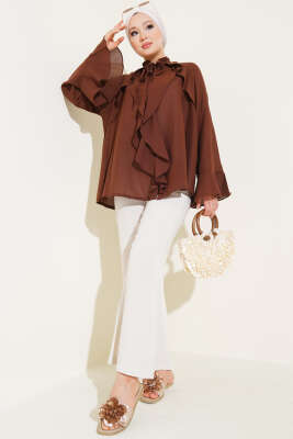 Yaka Fırfırlı Gömlek Kahve - Thumbnail