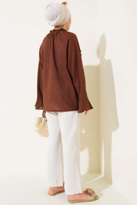 Yaka Fırfırlı Gömlek Kahve - Thumbnail