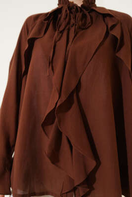 Yaka Fırfırlı Gömlek Kahve - Thumbnail