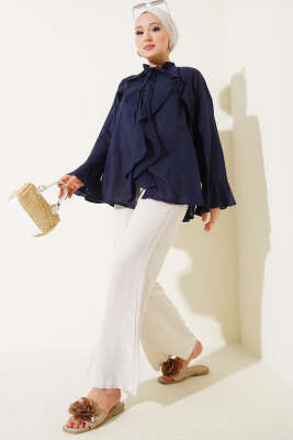 Yaka Fırfırlı Gömlek Lacivert - Thumbnail