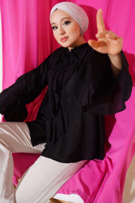 Yaka Fırfırlı Gömlek Siyah - Thumbnail