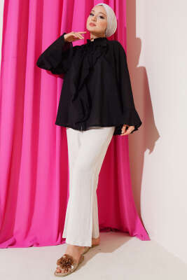 Yaka Fırfırlı Gömlek Siyah - Thumbnail