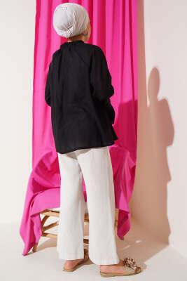 Yaka Fırfırlı Gömlek Siyah - Thumbnail