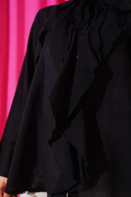 Yaka Fırfırlı Gömlek Siyah - Thumbnail