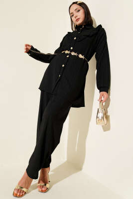 Pazarium - Gold Düğmeli V Fırfırlı İkili Takım Siyah