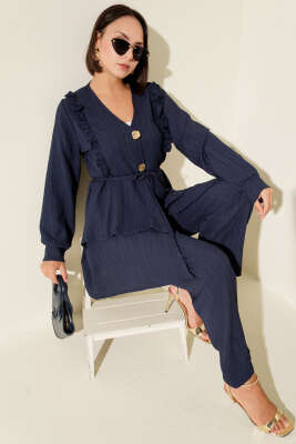 Pazarium - Metal Düğmeli Krinkıl İkili Takım Lacivert