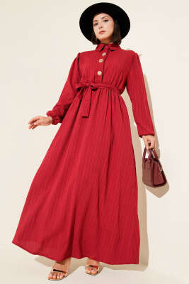 Pazarium - Bel Kuşaklı Krinkıl Elbise Bordo