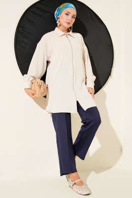 Kuş Gözü Detaylı Tunik Bej - Thumbnail