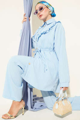 Gold Düğmeli V Fırfırlı İkili Takım Bebe Mavi - Thumbnail