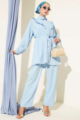 Gold Düğmeli V Fırfırlı İkili Takım Bebe Mavi - Thumbnail