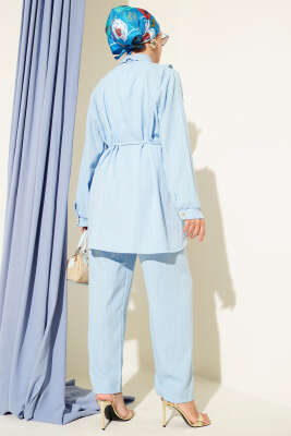 Gold Düğmeli V Fırfırlı İkili Takım Bebe Mavi - Thumbnail