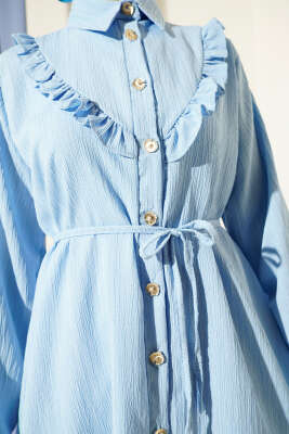 Gold Düğmeli V Fırfırlı İkili Takım Bebe Mavi - Thumbnail