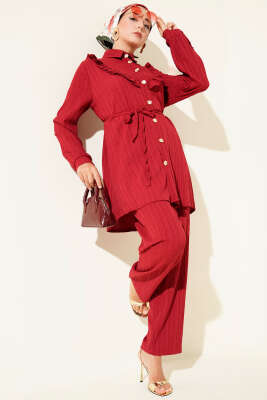 Pazarium - Gold Düğmeli V Fırfırlı İkili Takım Bordo