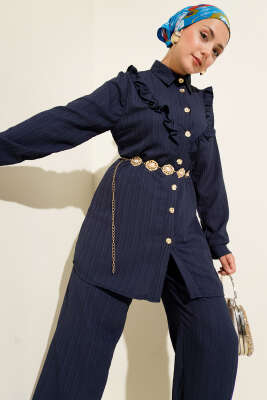 Pazarium - Gold Düğmeli V Fırfırlı İkili Takım Lacivert