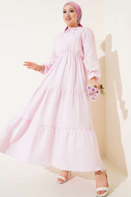 Pazarium - Beli Lastikli Kat Elbise Pembe