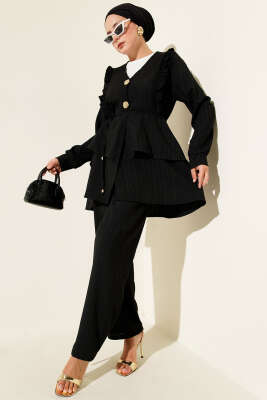 Pazarium - Metal Düğmeli Krinkıl İkili Takım Siyah