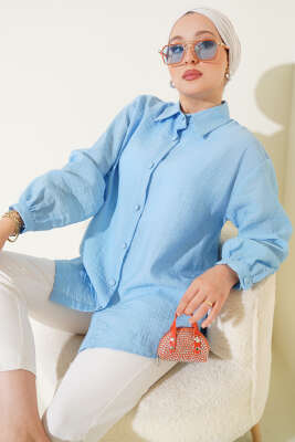 Pazarium - Manşet Düğmeli Krinkıl Gömlek Mavi