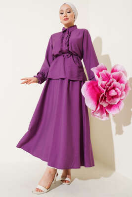 Pazarium - Yaka Fırfır Detaylı Etekli İkili Takım Mor