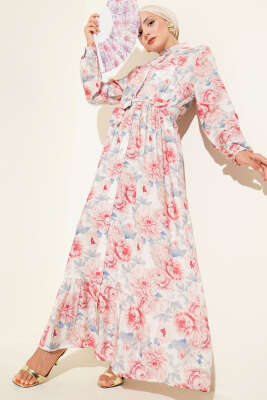 Pazarium - Karmaşık Çiçek Desenli Elbise Mavi