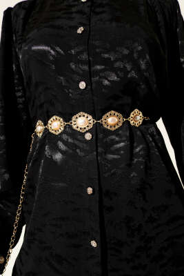 İnci Oval Sembollü Zincir Kemer Gold - Thumbnail