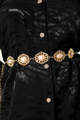 İnci Oval Sembollü Zincir Kemer Gold - Thumbnail