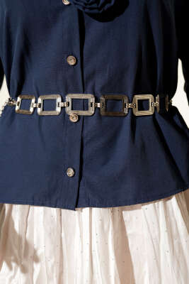 Pazarium - Dikdörtgen Sembollü Zincir Kemer Gümüş