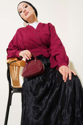 Pazarium - V Yaka Bağlamalı Kısa Gömlek Bordo