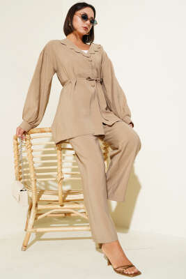 Pazarium - Bebe Yaka İp Kuşaklı İkili Takım Vizon