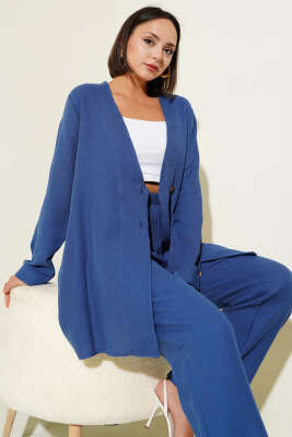 Düğmeli İp Kuşaklı Müslin İkili Takım Indıgo - Thumbnail