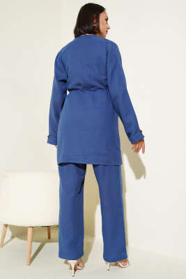 Düğmeli İp Kuşaklı Müslin İkili Takım Indıgo - Thumbnail