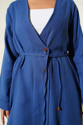 Düğmeli İp Kuşaklı Müslin İkili Takım Indıgo - Thumbnail