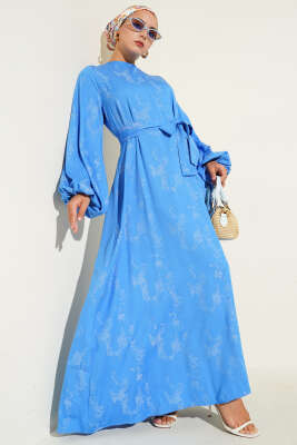 Pazarium - Kol Lastikli Desen Elbise Mavi