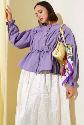 Pazarium - Bel Tünelli Pileli Kısa Gömlek Lila