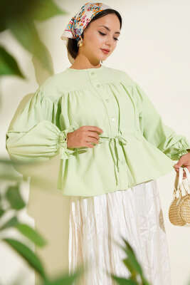 Pazarium - Bel Tünelli Pileli Kısa Gömlek Su Yeşili