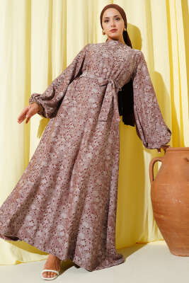 Pazarium - Etnik Desen Detaylı Kuşaklı Elbise Kahve