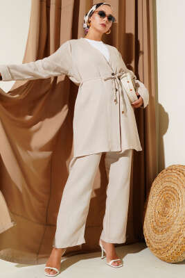 Düğmeli İp Kuşaklı Müslin İkili Takım Keten - Thumbnail