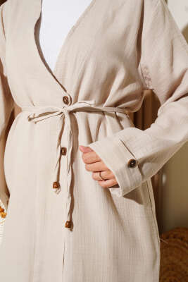 Düğmeli İp Kuşaklı Müslin İkili Takım Keten - Thumbnail