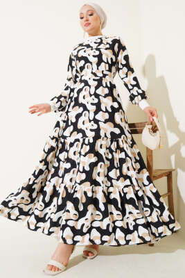 Pazarium - Yaka Ribanalı Desenli Elbise Siyah