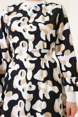 Yaka Ribanalı Desenli Elbise Siyah - Thumbnail