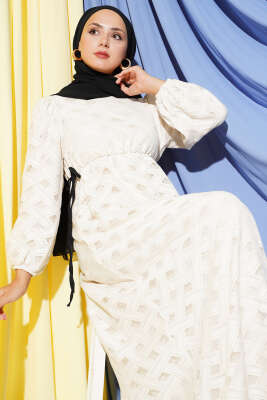 Bel Tünelli Dantel Elbise Bej - Thumbnail