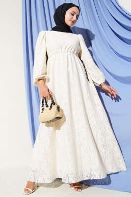 Pazarium - Bel Tünelli Dantel Elbise Krem