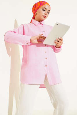 Pazarium - Bilek Düğmeli Basic Gömlek Pembe